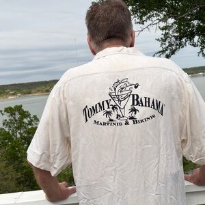 Tommy Bahama Cream Camp Shirt with Black Martini Logo. 100% silk.